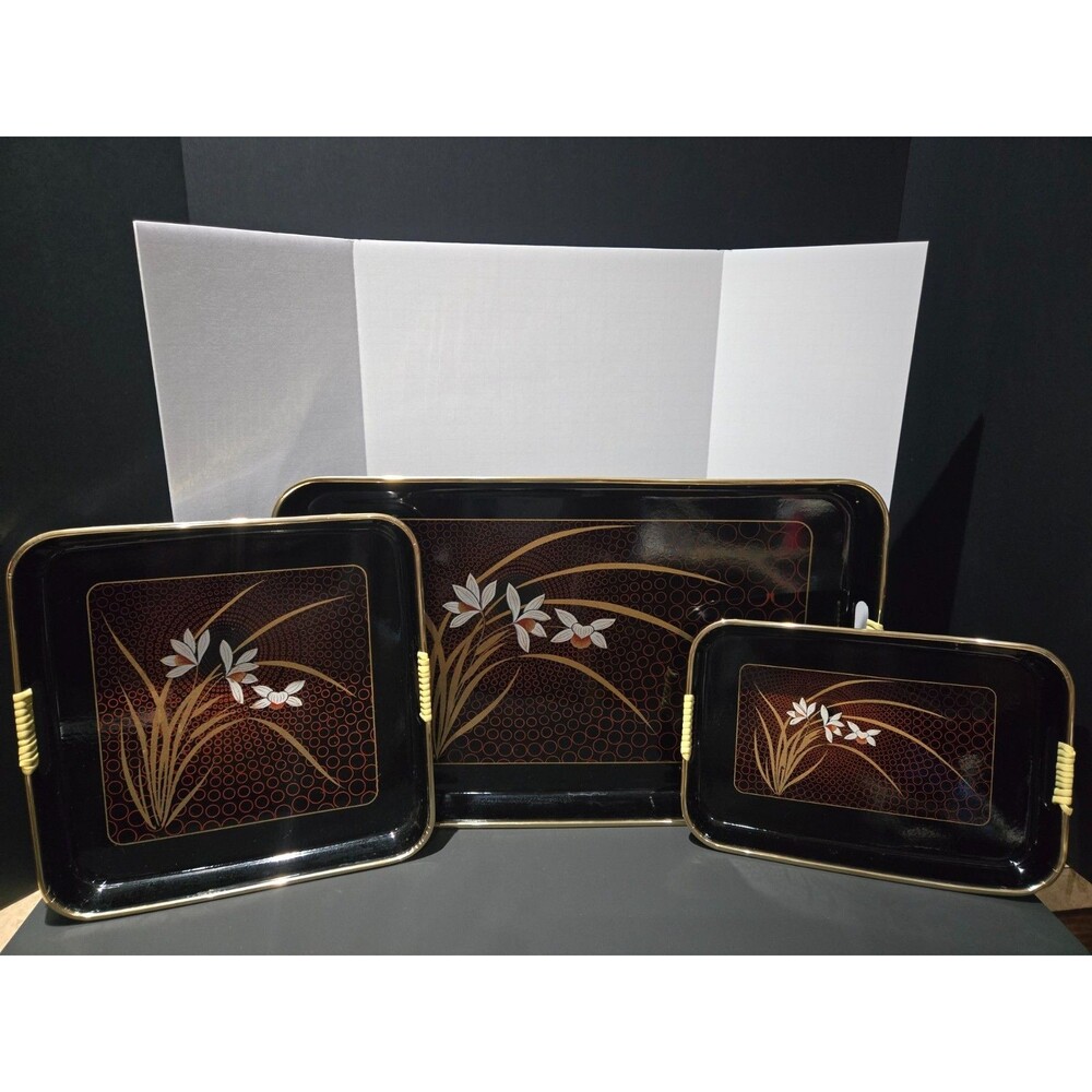 Vintage Square Japanese Black Lacquer Tray "Grand Iris" Gold Rim Wrapped Handles